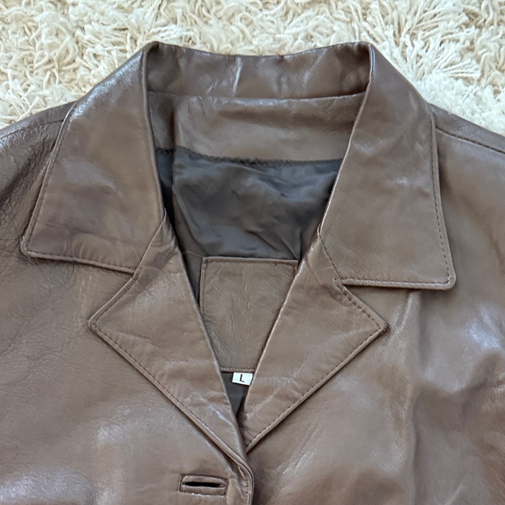 Brown Faux Leather Blazer Jacket M | Moto Vegan Statement Coat - Picture 3 of 6